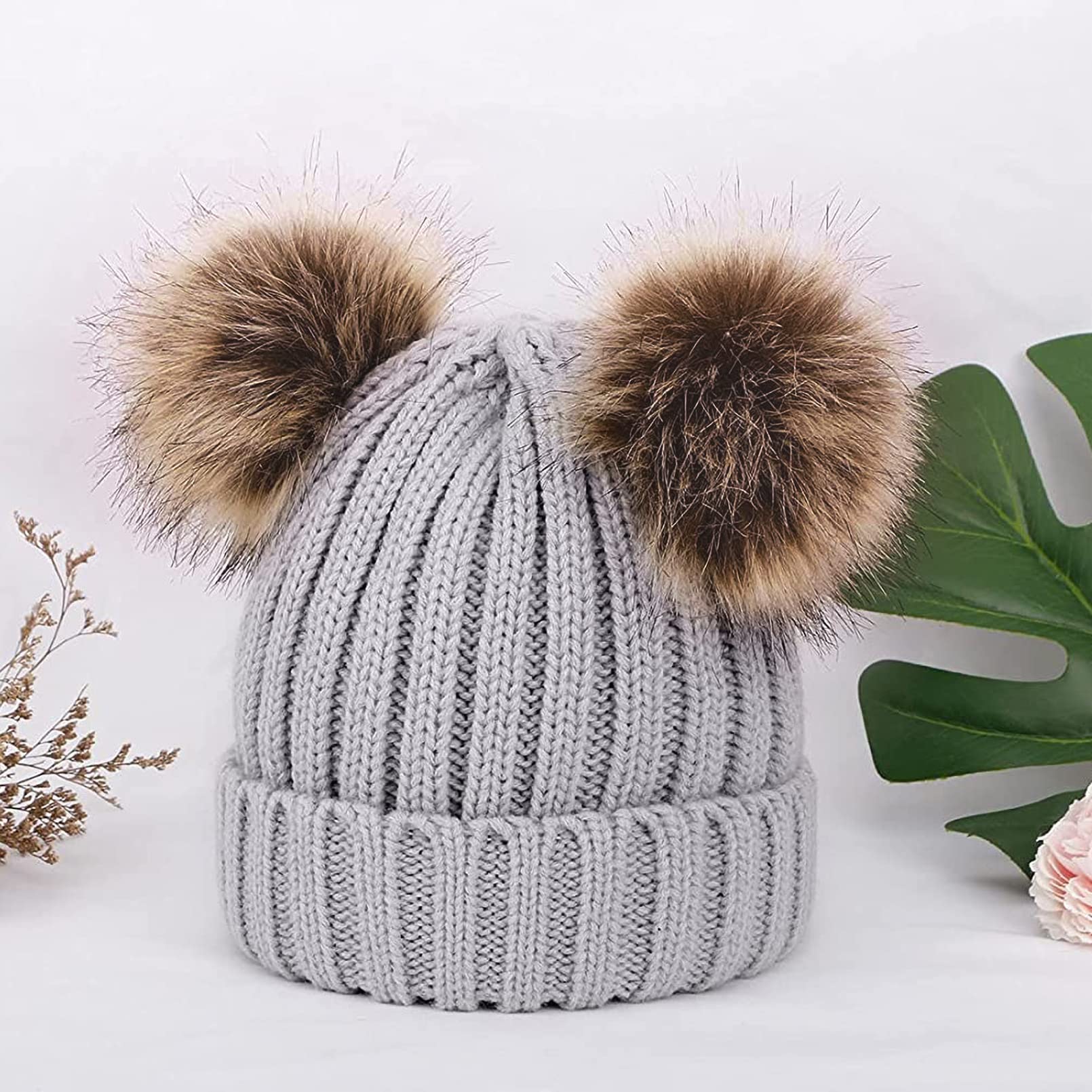 BeFur Gorro de lana unisex para niños, gorro de punto, gorro de invierno cálido con pompón y dos pompones, gris, Talla única
