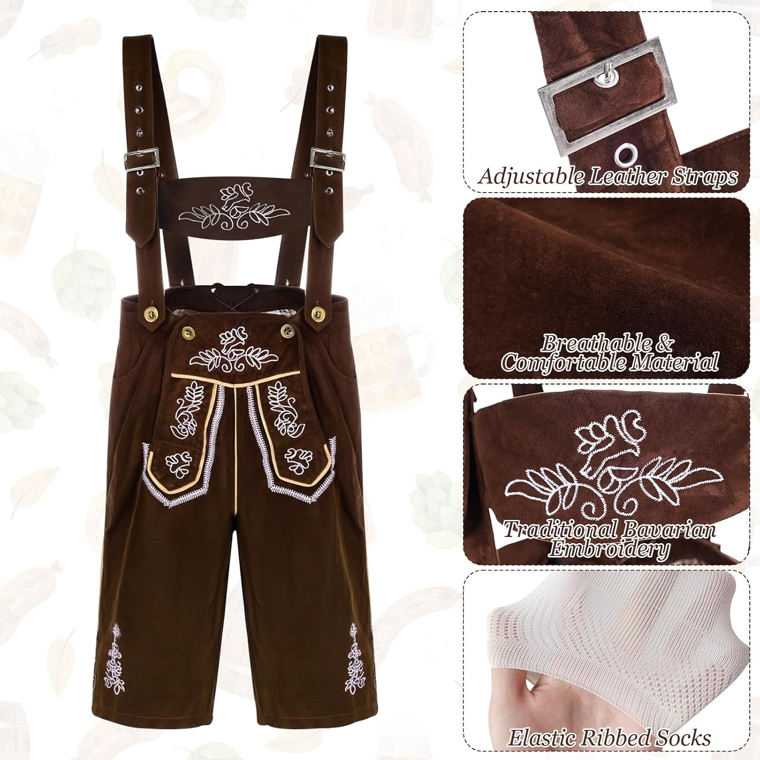 PJT Lederhosen men - Oktoberfest Outfits Men, Brown Suspender Leather Shorts & Calf Socks