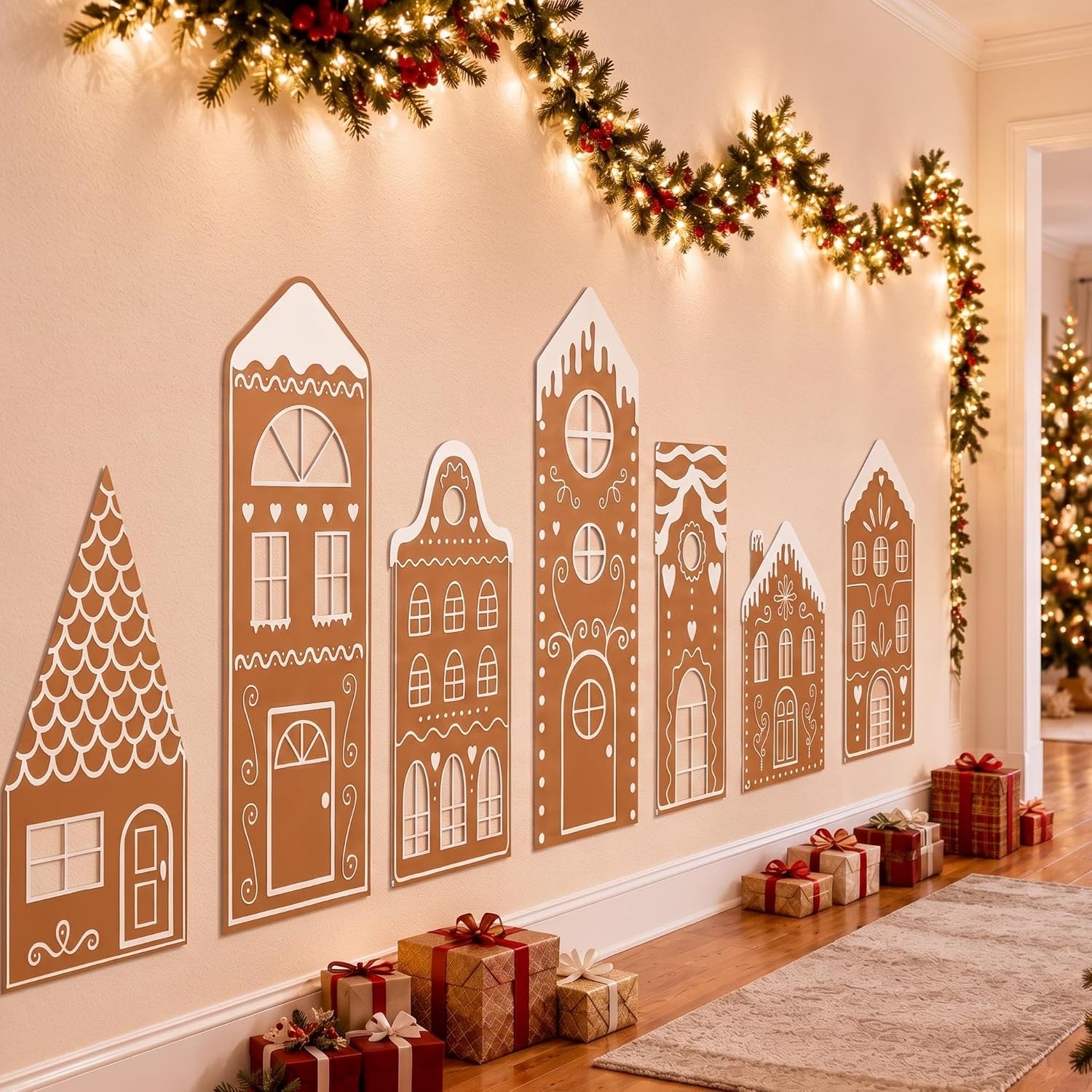 7 Sheets Christmas Large Gingerbread House Wall Decals, 35.5"x83" | Holiday Window Clings for Glass Doors, Reusable Christmas Gingerbread Village Wall Stickers, Festive Winter Home Decor Mural