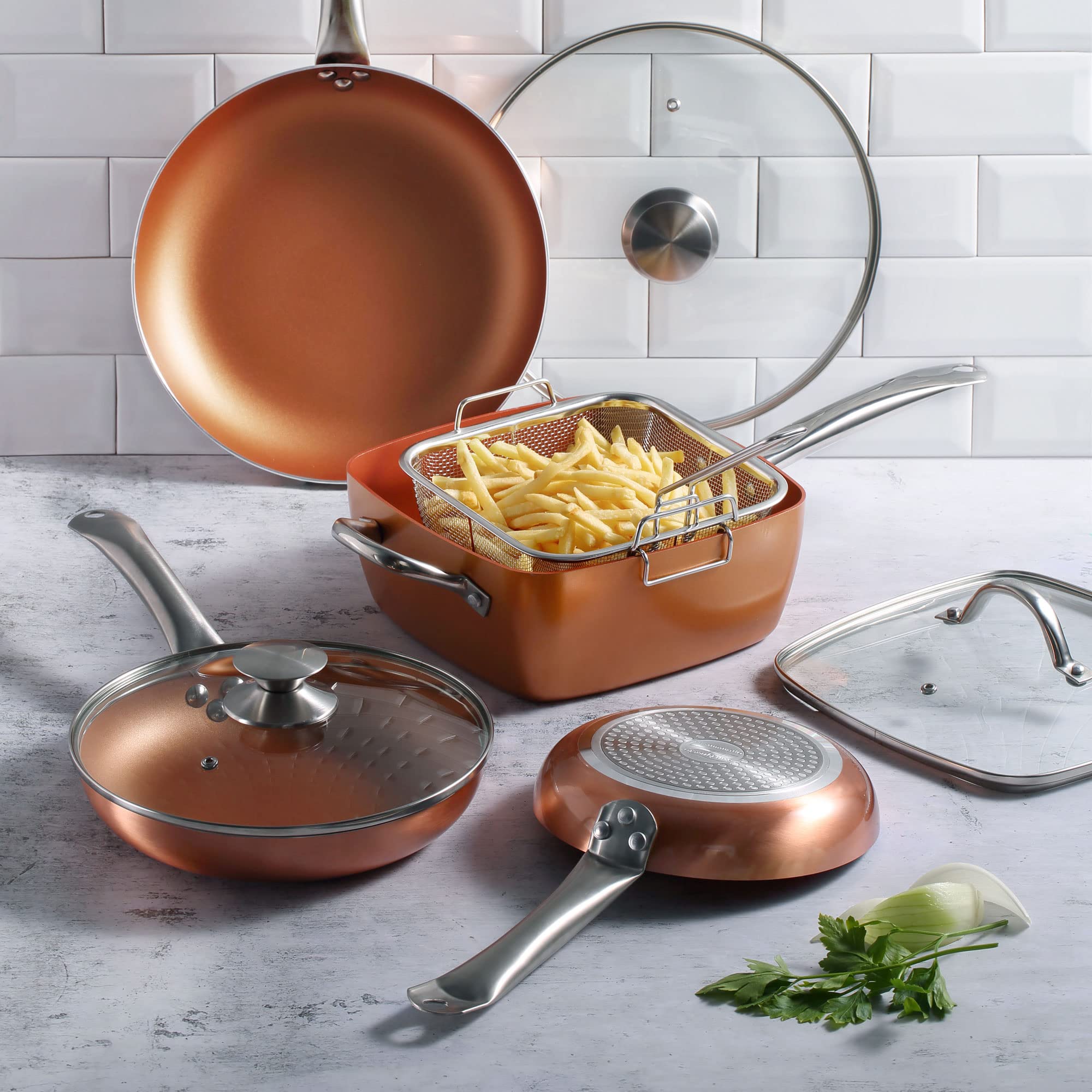 San Ignacio Set de 5 poêles 20,24,28 cm (avec couvercle) aluminium pressé induction avec Set 3 ustensiles de cuisine silicone bois