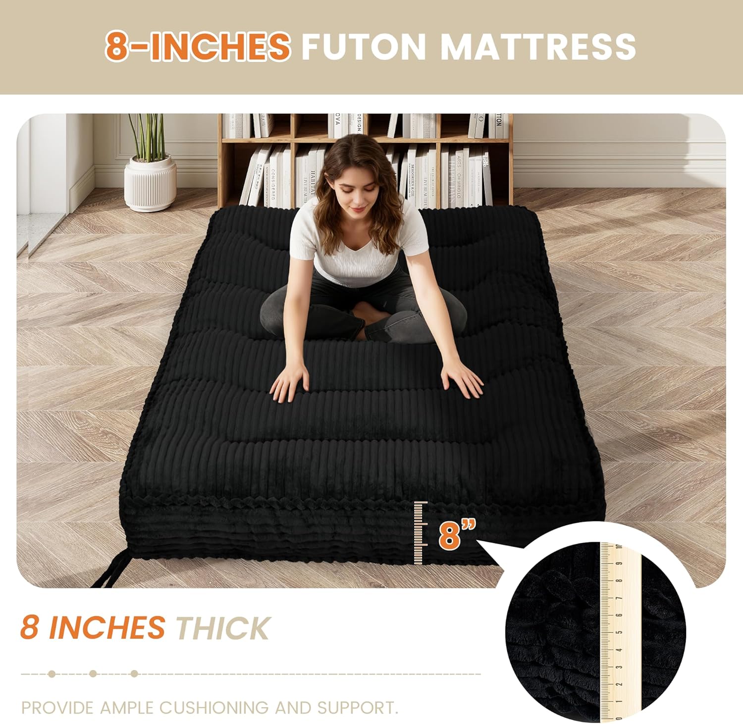 8 Inches Futon Mattress Full Size, Extra Thick Futons Sofa Couch Bed Japanese Foldable Floor Mattress for Adults, Folding Mattres Shredded Foam Filling (Frame Not Included), Black