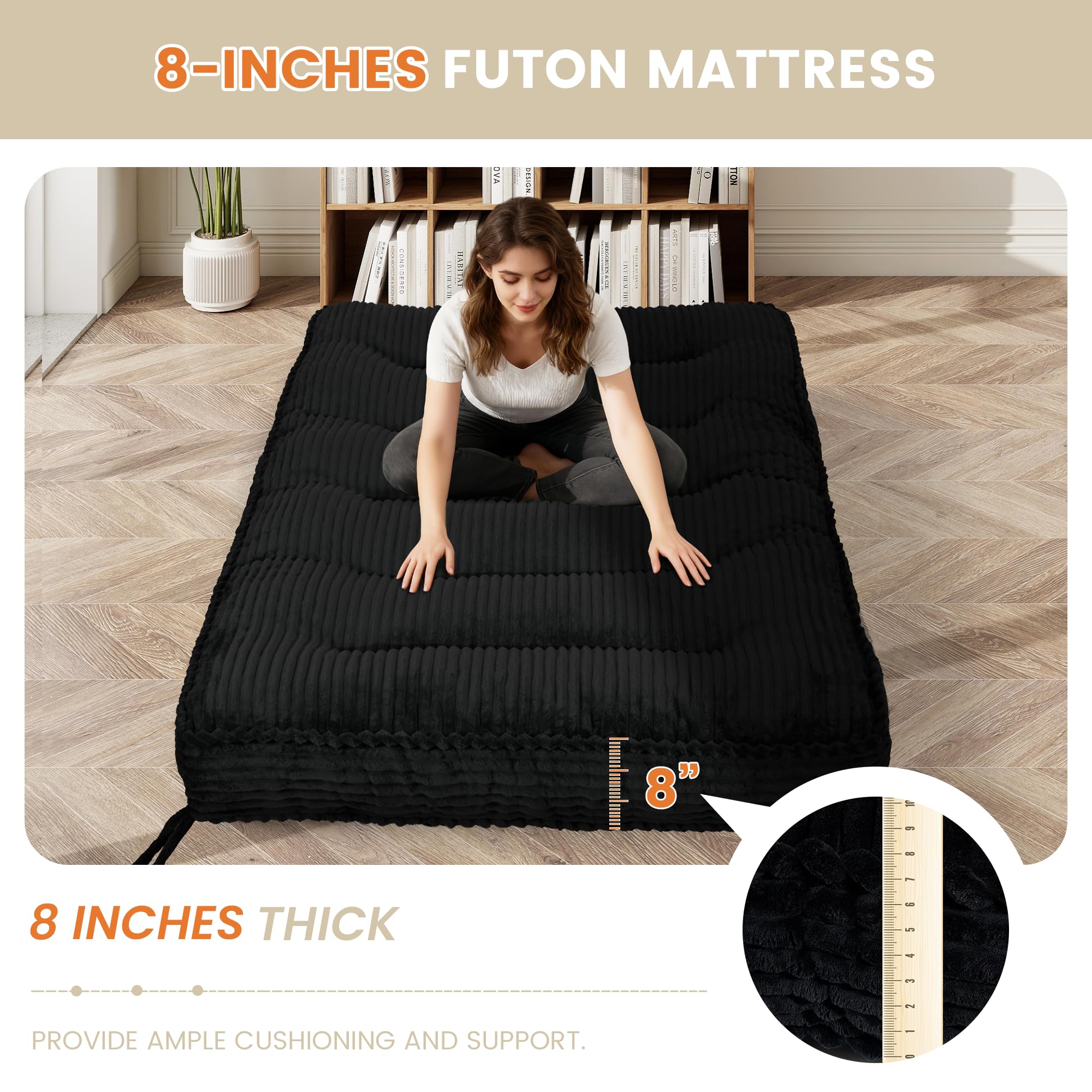 8 Inches Futon Mattress Full Size, Extra Thick Futons Sofa Couch Bed Japanese Foldable Floor Mattress for Adults, Folding Mattres Shredded Foam Filling (Frame Not Included), Black