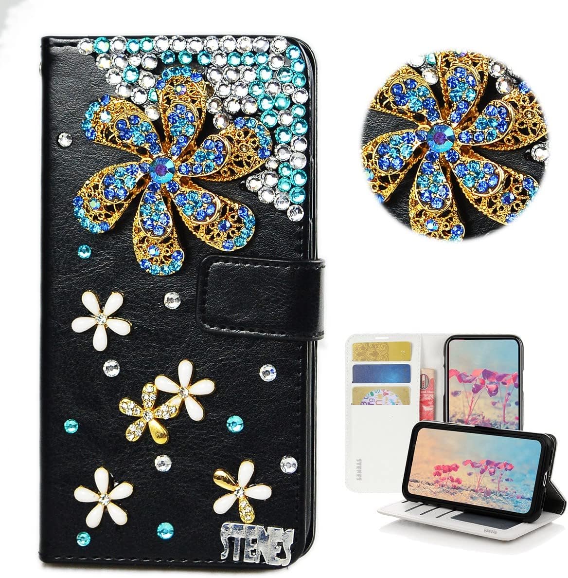STENES Bling Wallet Phone Case Compatible with iPhone 14 Pro Max - Stylish - 3D Handmade Windmill Flowers Floral Design Leather Cover with Neck Strap Lanyard & Screen Protector - Blue