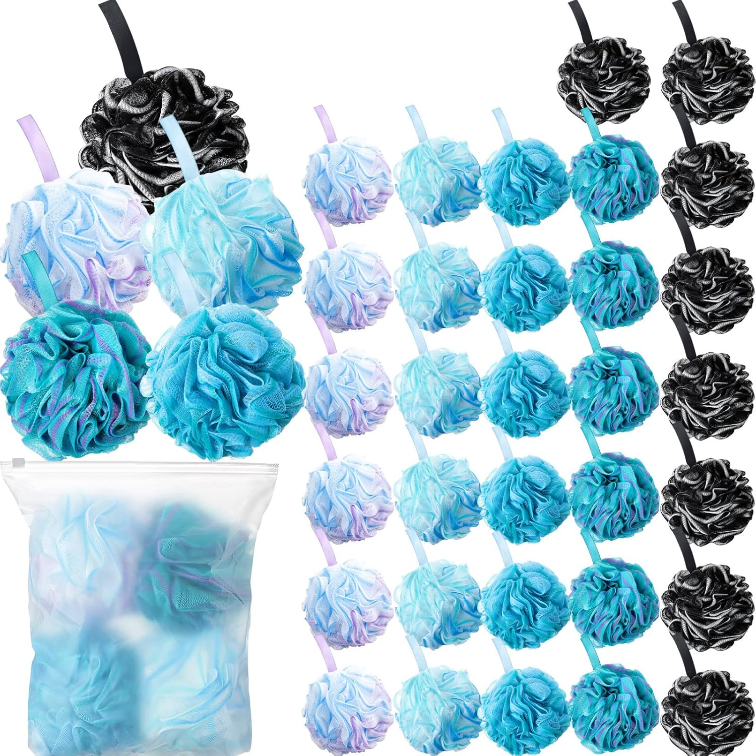 Shellwei 32 Pcs Bath Sponge Shower Loofahs Bulk 60 g Charcoal Body Shower Large Mesh Puff Soft Scrubber for Men and Women Exfoliating Pouf Balls with Bathing Accessories