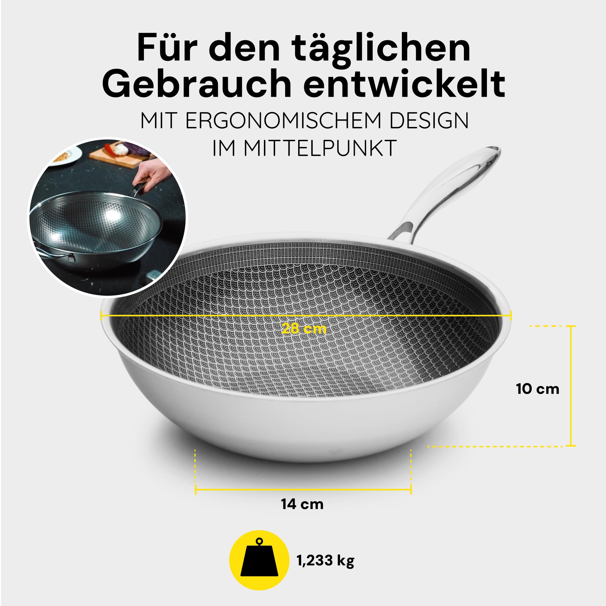MISO Wokpfanne 28 cm Diamond Dust - Wokpfanne Keramik mit Antihaftbeschichtung, PFAS-frei, Kratzfest durch Diamantpartikel, Spülmaschinenfest, Induktion & Backofenfest bis 300°C