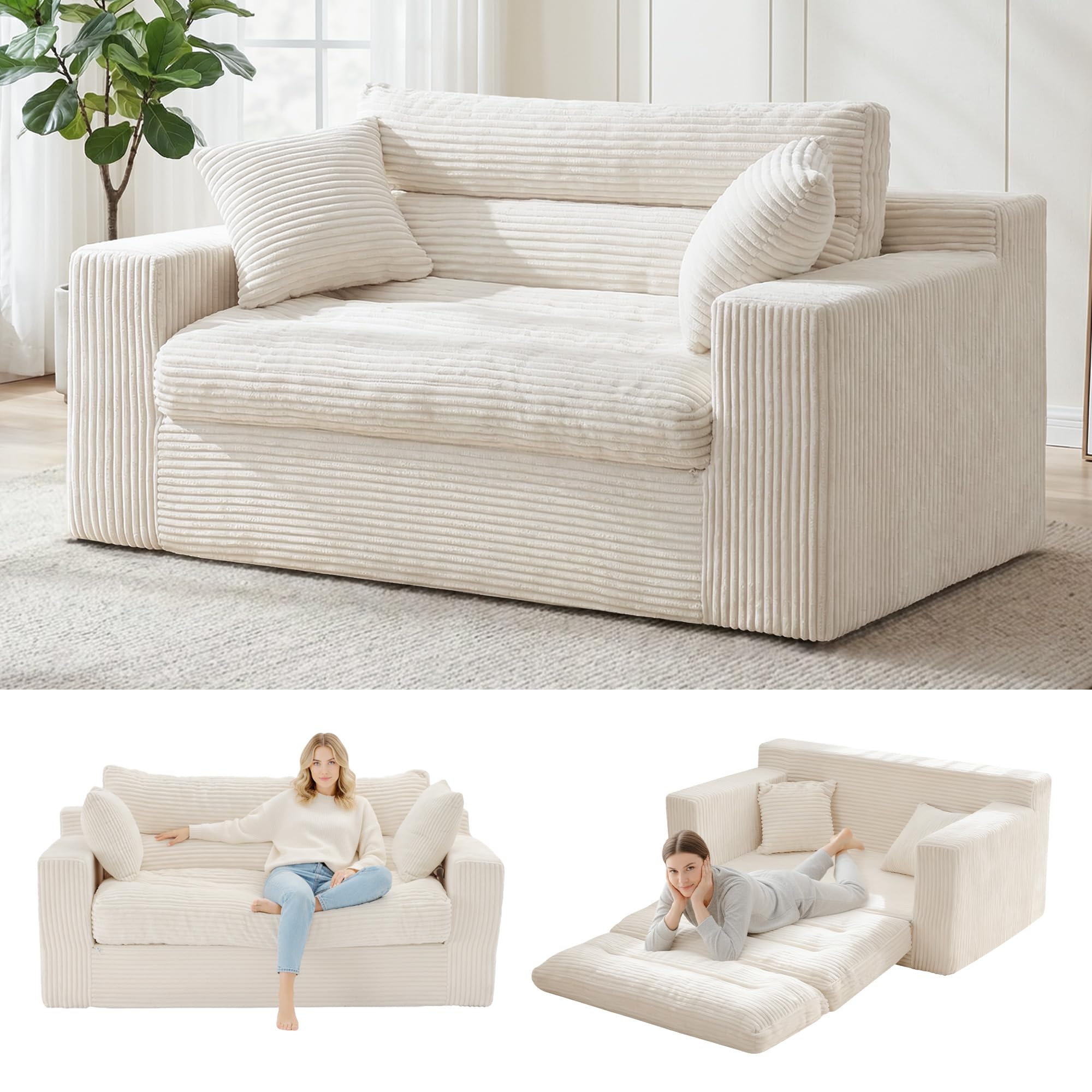 Convertible Sofa Bed Pull Out Boneless Couch Loveseat Floor Sofa Bed with Pillows 2-Seater Folding Sofa Loveseat Boneless