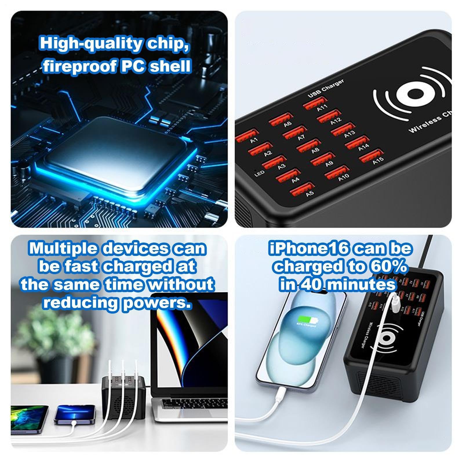 Estación de Carga para Múltiples Dispositivos Cargador Portátil De 15 | Cargador USB Para Portátil Con Múltiples Puertos para Viaje Hogar Oficina Portátil Teléfono Tableta