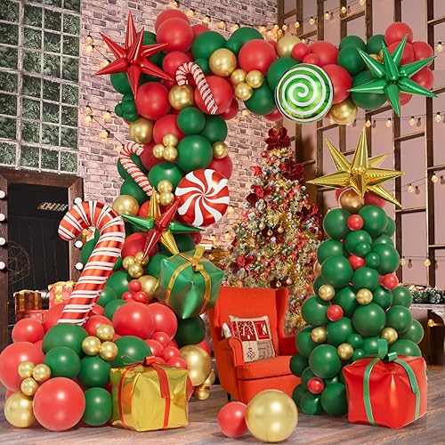 Miniatura 4 de Bonropin Kit de arco de globos de Navidad de 171 piezas, globos rojos, verdes y dorados, globos de caja de regalo de caramelos, globos de papel de