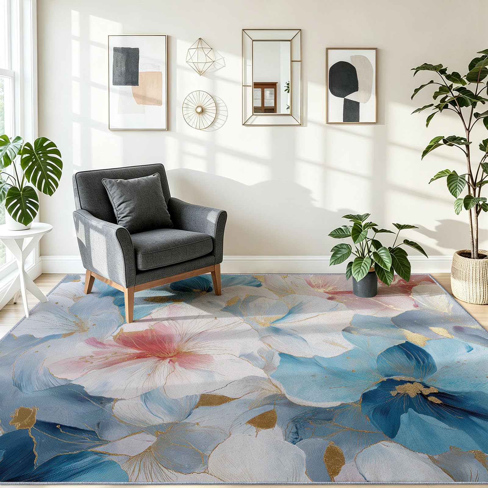 Modern Luxuriös Kinderteppich Aquarell Blumen Blattgold, 180 x 240 cm | waschbar Pflegeleicht rutschfest strapazierfähig hautsympathisch, für Schlafzimmer Wohnzimmer Esszimmer Küchen Büro