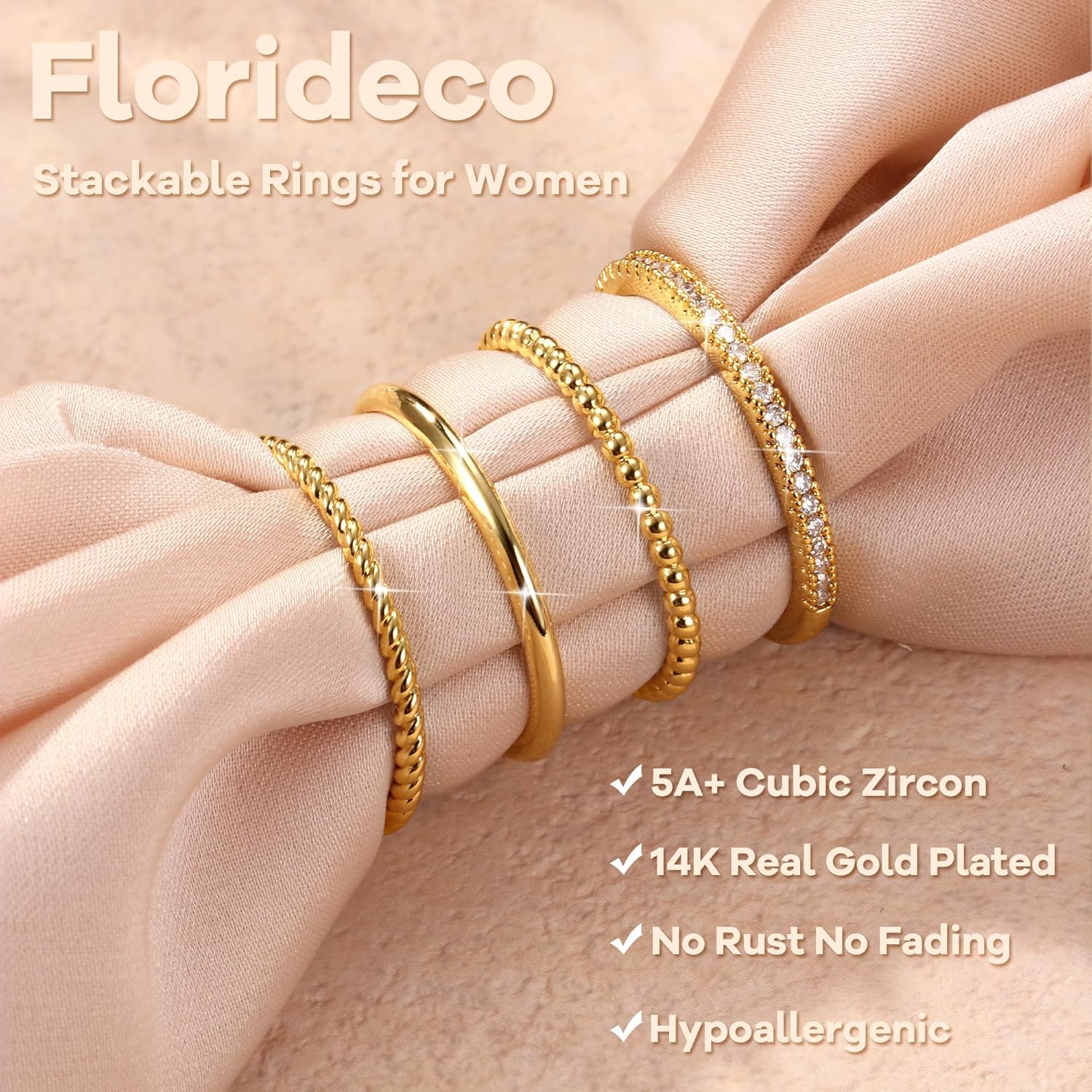 Florideco Stackable Rings for Women Non Tarnish Dainty 14K Gold Plated Stacking Thin Ring Set Trendy Statement Minimalist Cubic Zirconia Band Rings Promise Engagement Rings Size 5-10 - Image 6