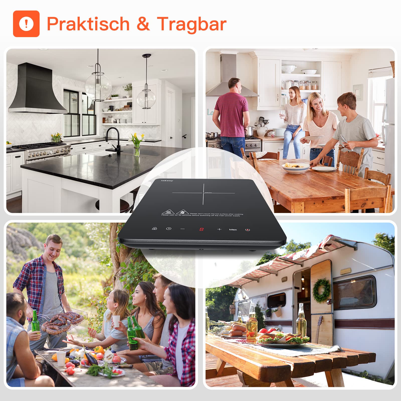 Induktionskochplatte, IsEasy Induktionskochfeld 1 Platte 2100W, 28cm Kochplatte, Tragbares, mit Stecker, 9 Heizstufen, 8-Stunden-Timer, Touch-Steuerung, Booster-Funktion, Schwarz…