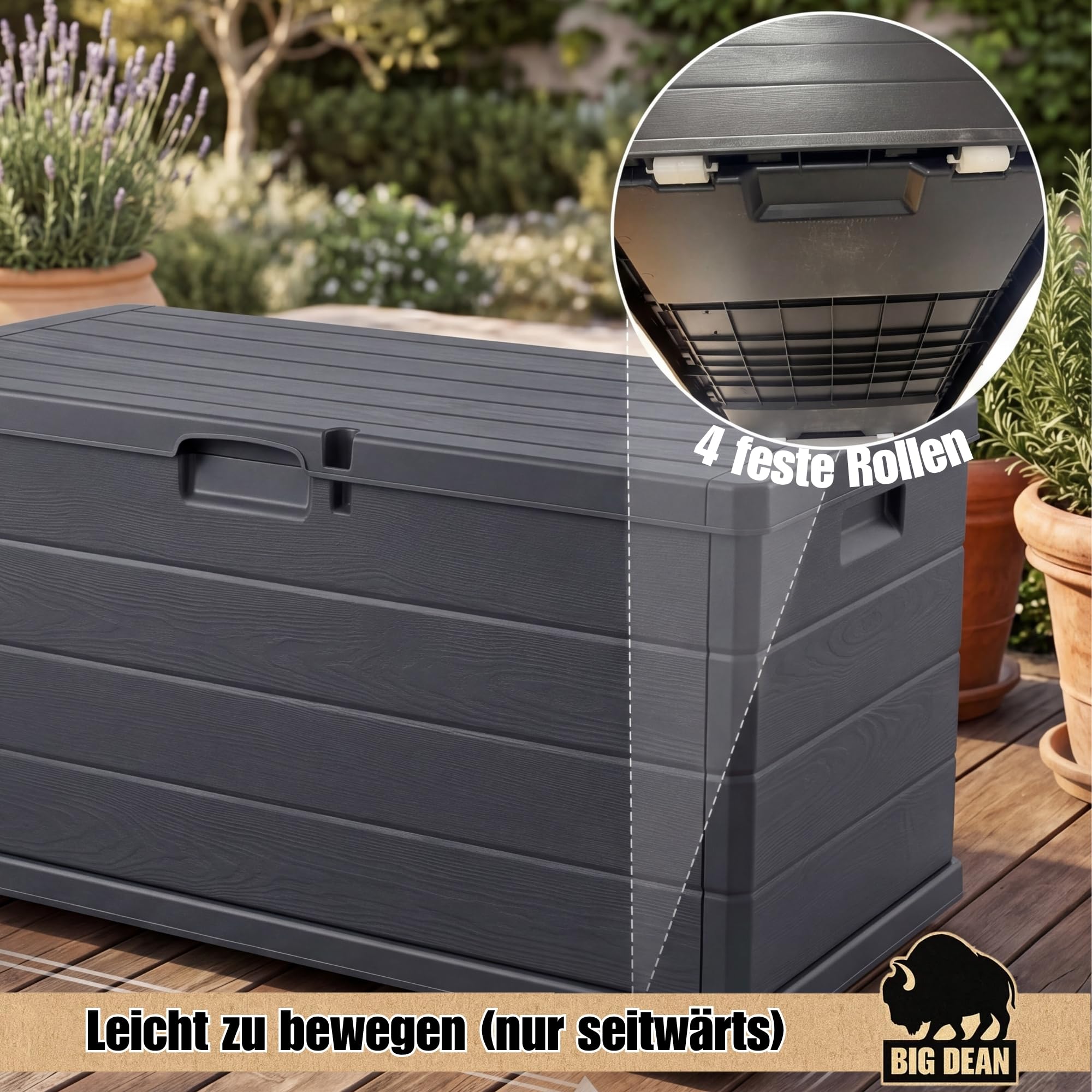 BigDean Auflagenbox Kissenbox Klicksystem 340 Liter Deckel abschließbar | Stabiler und überlappender Deckel hält Feuchtigkeit fern