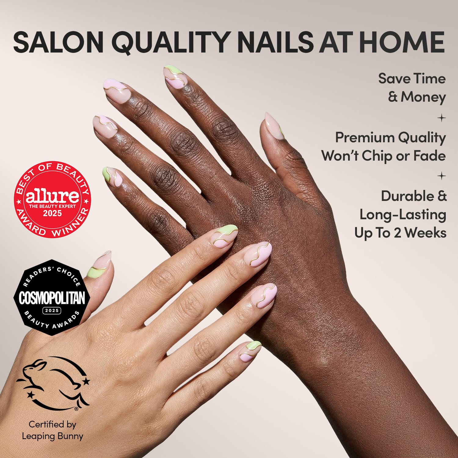 Glamnetic Press On Nails - Strawberry Matcha | Short Oval Fake Nails with Pink & Green Swirl Design and Gold Foil Accents in Glossy Finish, Salon Quality | 15 Sizes - 30 Nail Kit with Glue - 3