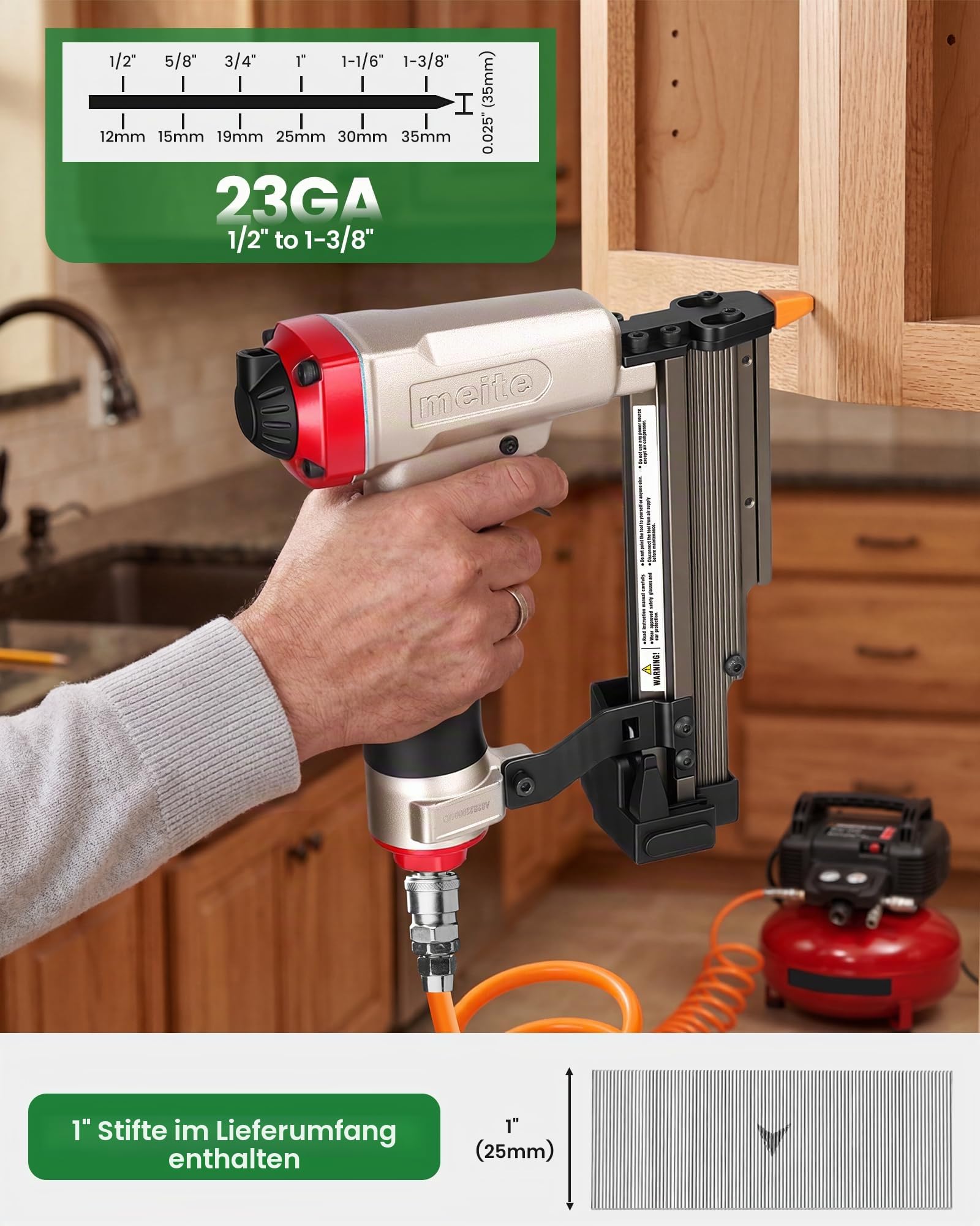meite MP635B Druckluft Stiftnagler mit 10000 Stück 23 Ga 25 mm Kopflose Stifte, Kompakte für 12–35 mm Länge, Druckluft-Nagelpistole Kompakte für Zierleisten, Bilderrahmen und Feine Holzarbeiten