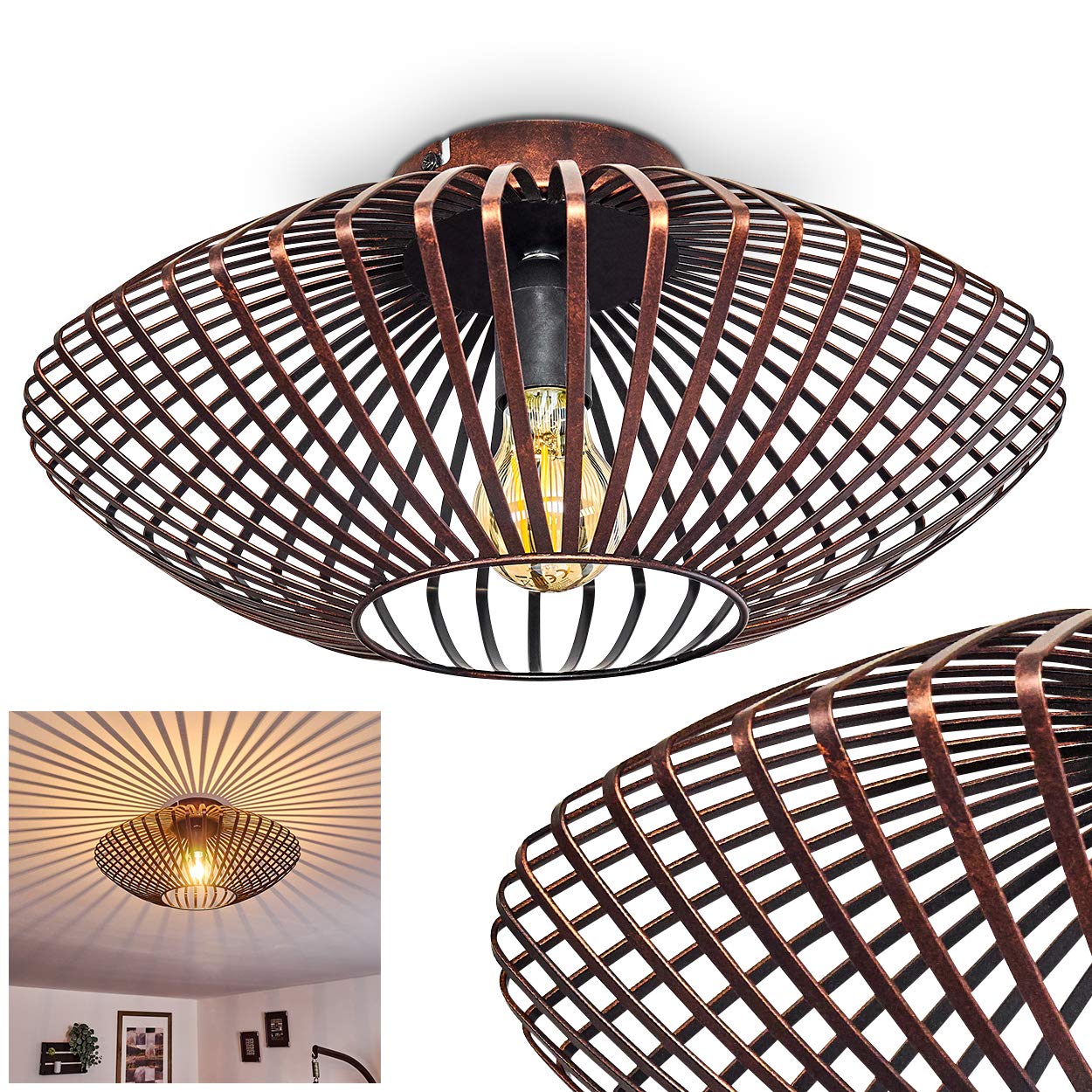 HOFSTEIN Deckenleuchte Wemude, Deckenlampe aus Metall, Lampe für Wohnzimmer, Schlafzimmer, Schwarz/Kupfer, 1-flammig, E27-Fassung, Lichteffekt durch Gitter-Optik, Modern, Retro, Durchmesser 40 cm