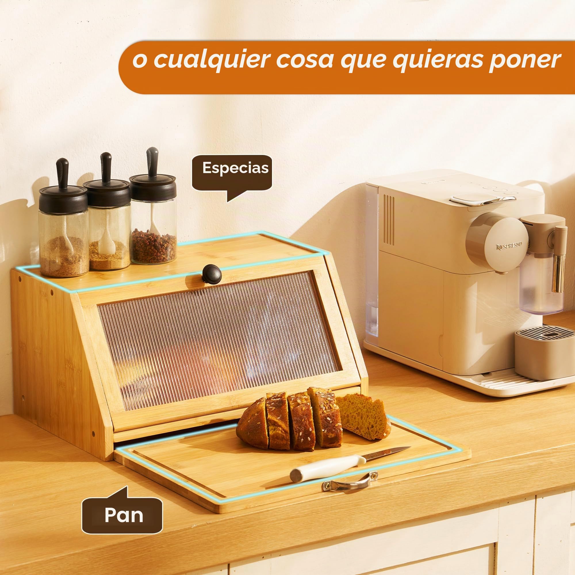 YOUDENOVA Caja para pan con tabla de cortar, caja de almacenamiento de bambú, cajas de pan de madera, caja de almacenamiento para pan, sal y pimienta, 39x25x20 (LxAxH) cm, Natural