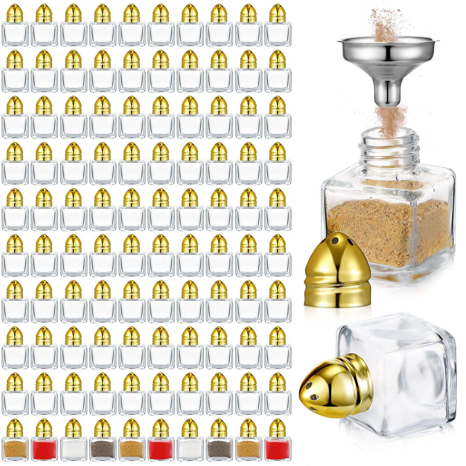 Uiifan 100 saleros y pimenteros pequeños con forma de cubo de 0.5 onzas con tapas de tono, mini tarros de vidrio transparente para condimentos, saleros de especias con embudo para bodas, fiestas,