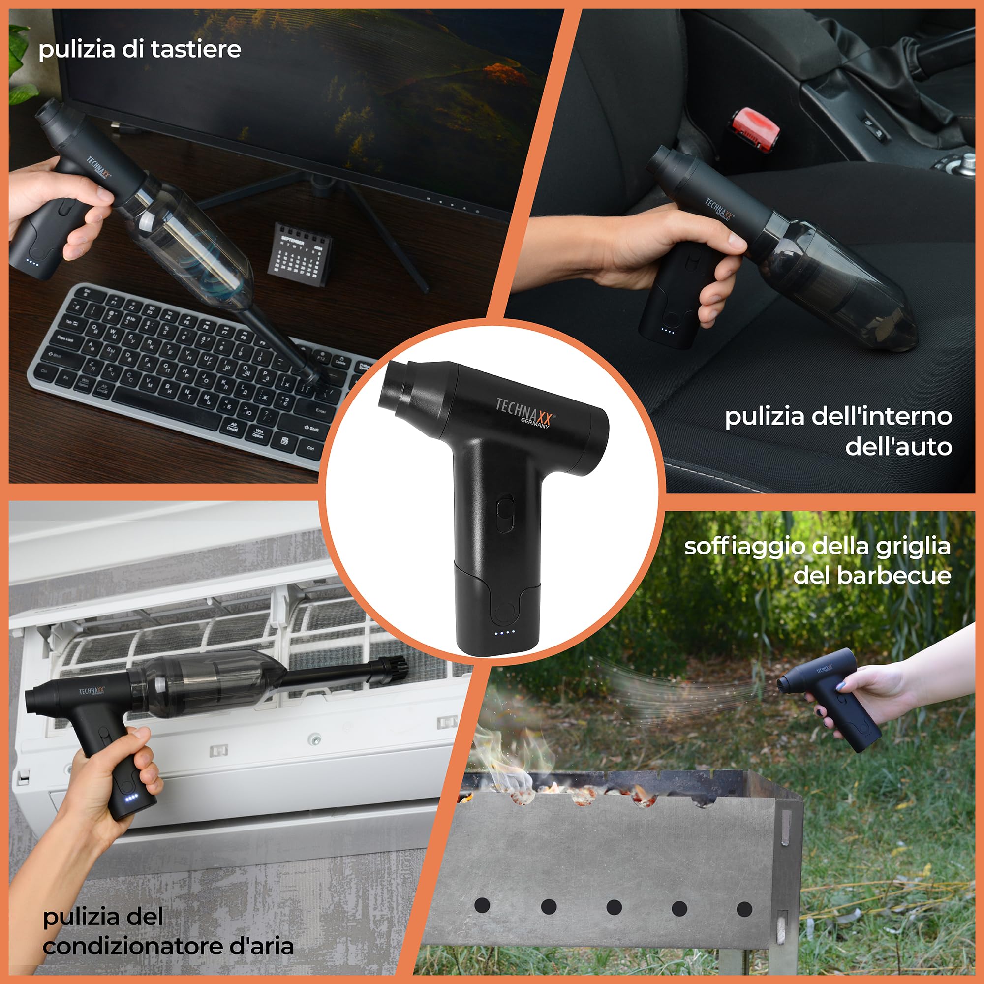 Technaxx TX-293, aspirapolvere portatile a batteria con spolverino d'aria, aspiratore elettrico ricaricabile da 160 W - Controllo continuo della velocità, 5 accessori versatili - Ideale per auto, tast