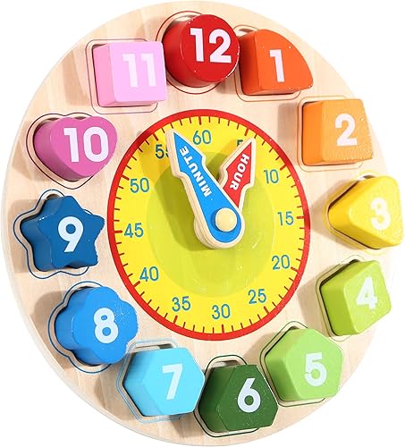 Garlictoys Reloj de color con forma de madera rompecabezas de tiempo de enseñanza bloques de números clasificador apilable rompecabezas Montessori