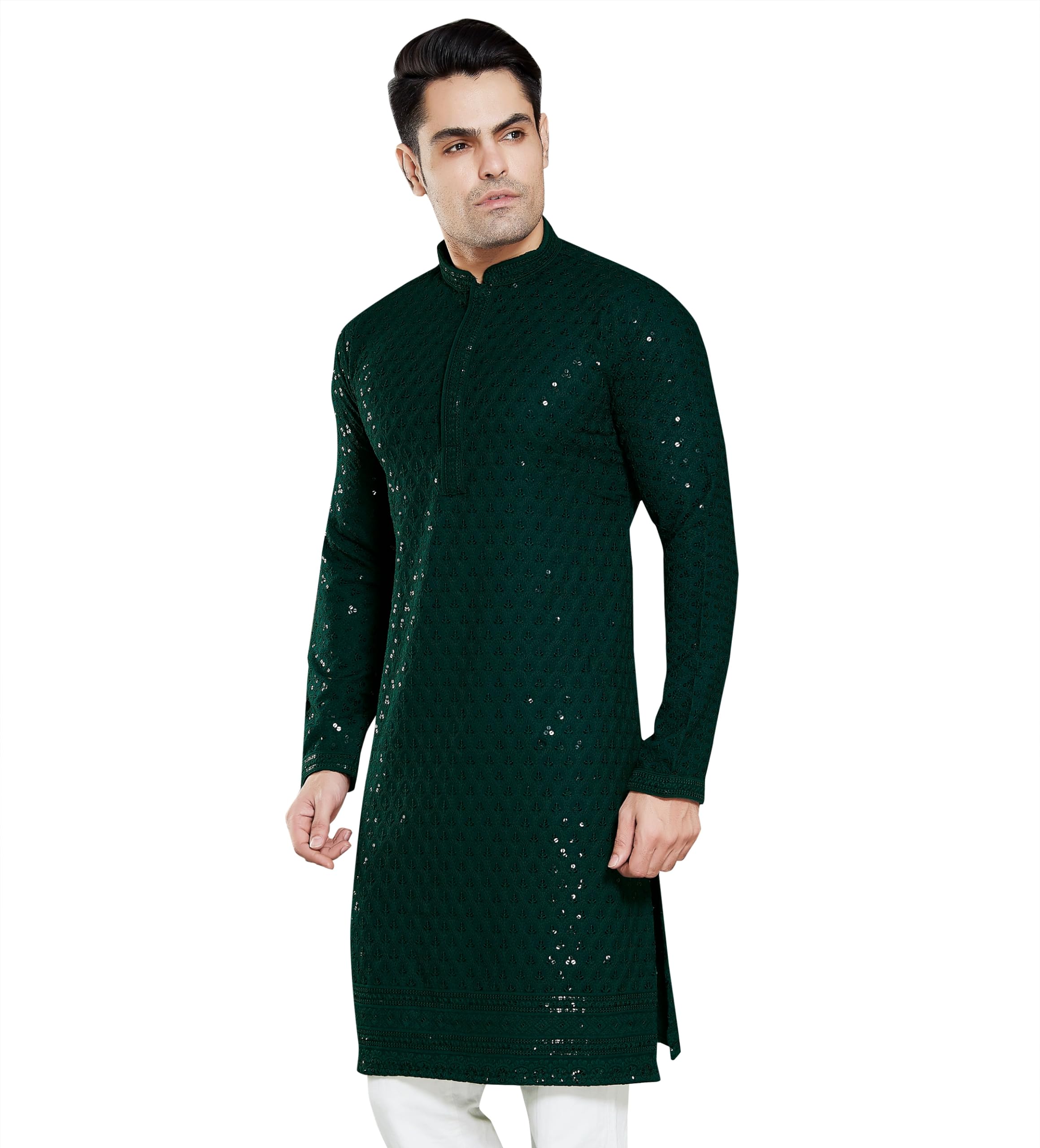 Divisive Men's Sequince Embroidered Cotton Blend Only Kurta (Dkrt10_L_Bottle Green)