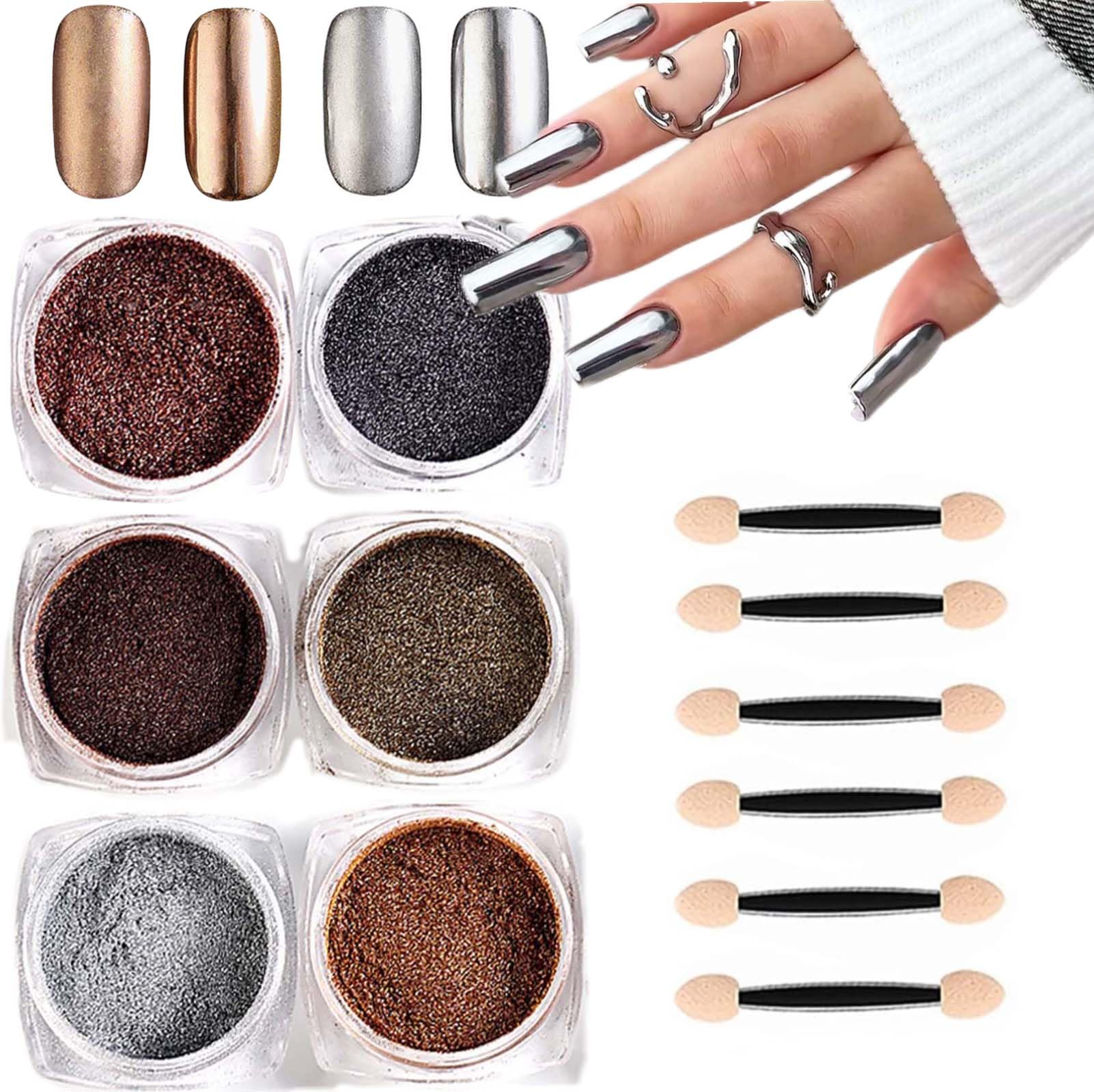 6 Boxes Chrome Nail Powder Metallic Mirror Effect for Nails Holographic Gold Bronze Chrome Powder Sliver Black Brown Nail Glitter Chrome Powder for
