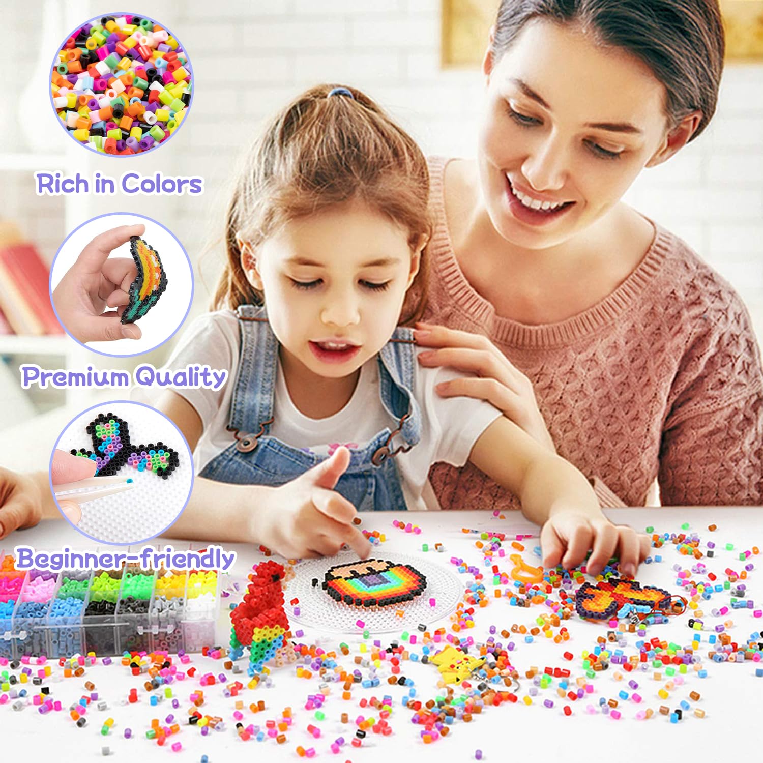 Perline da Stirare 6300 Piastre per Perline da Stirare da 5mm Perline a Fusione 24 Colori con Carta Stiro, Stirare Pegboard e Accessori Artigianali Fai Set Creativo Natalizio Fai da Te per Bambini