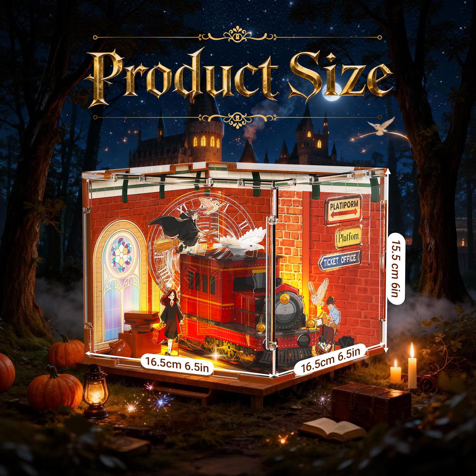 Sosuy Magic Train Station Book Nook Kit: Acrylic Train 3D Puzzle Model with Lights, Magical Platform Scene Wizard - Image 2