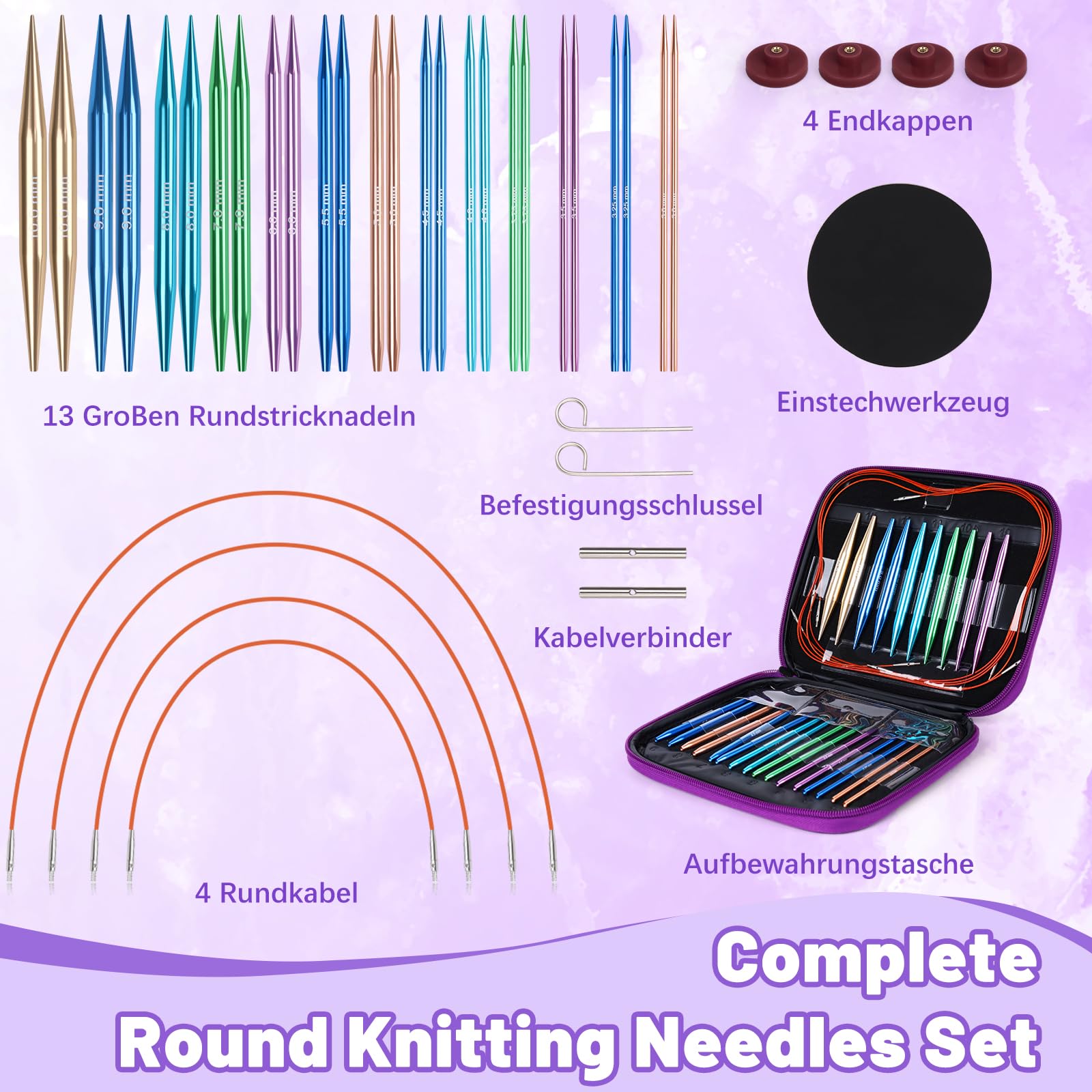 Coopay Juego de Agujas Circulares Intercambiables para Tejer Punto y Lana, 3,0-10 mm, Regalos para Tejedoras, Agujas con Bolsa de Almacenamiento, 13 Pares Aguja Circulare Intercambiables - Púrpura