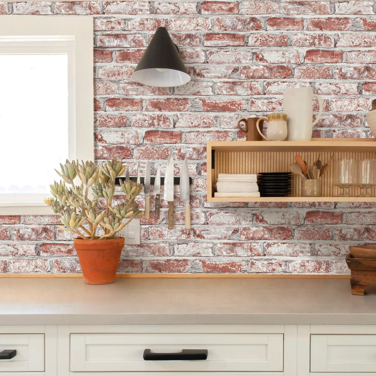 Sevalo Papel tapiz de ladrillo rojo para paredes, papel de contacto 3D de ladrillo sintético, autoadhesivo, extraíble, para dormitorio, cocina, salpicaduras, dormitorio, chimenea, acento de 17.3