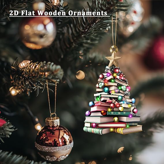 2D Flat Christmas Book Tree Ornament, Book Lover Gift, Bookworm Gifts, Book Christmas Tree Hanging 2025, Wooden Hanging, Book Club Ornament, 4.7 inch, Pack of 2 (Not 3D)