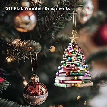2D Flat Christmas Book Tree Ornament, Book Lover Gift, Bookworm Gifts, Book Christmas Tree Hanging 2025, Wooden Hanging, Book Club Ornament, 4.7 inch, Pack of 2 (Not 3D)