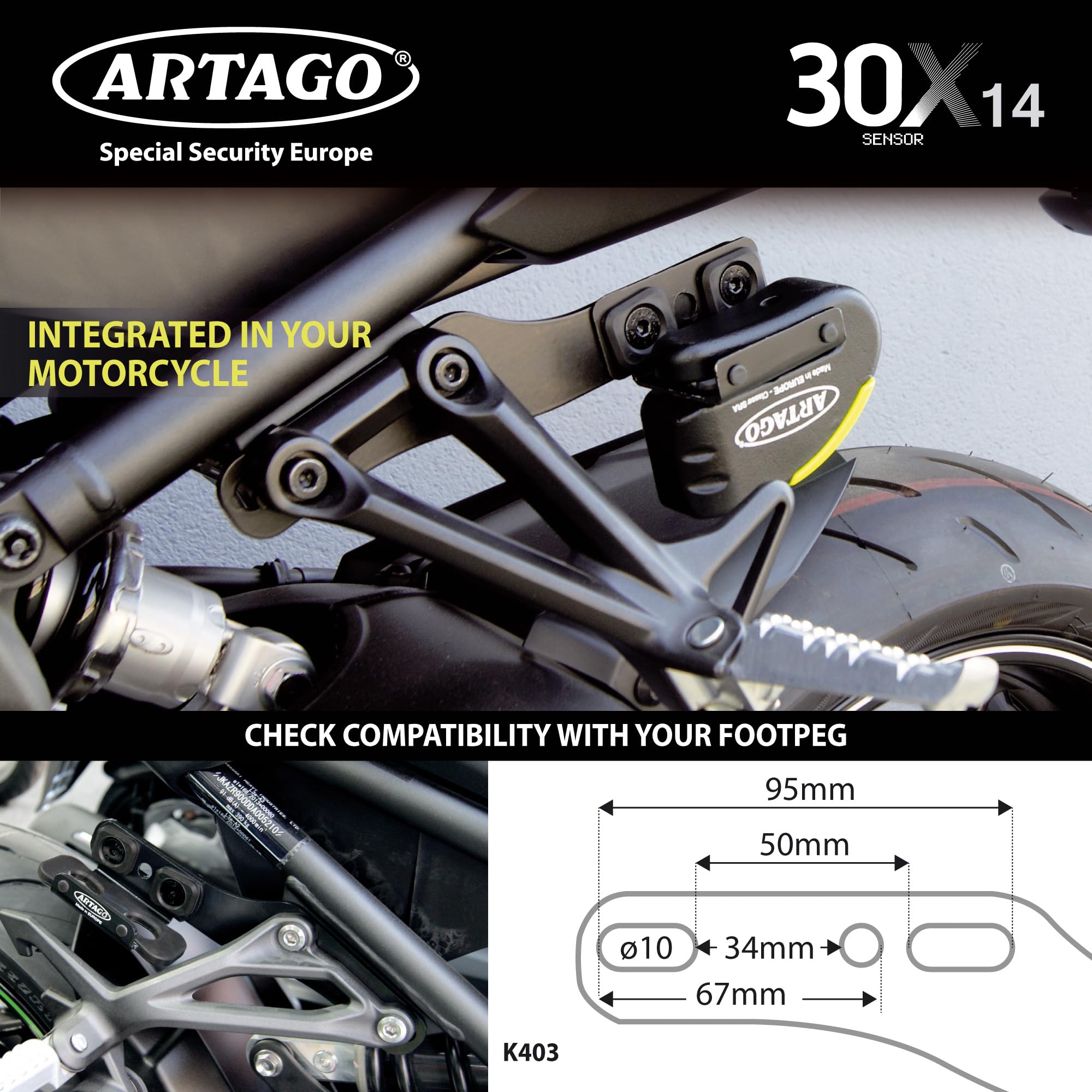 Artago 30X2 Pack Antivol Bloque-Disque avec Alarme 120db Haute Sécurité + Support pour Yamaha MT-07 et Tracer 700, Homologué SRA et Sold Secure Gold, Noir/Jaune