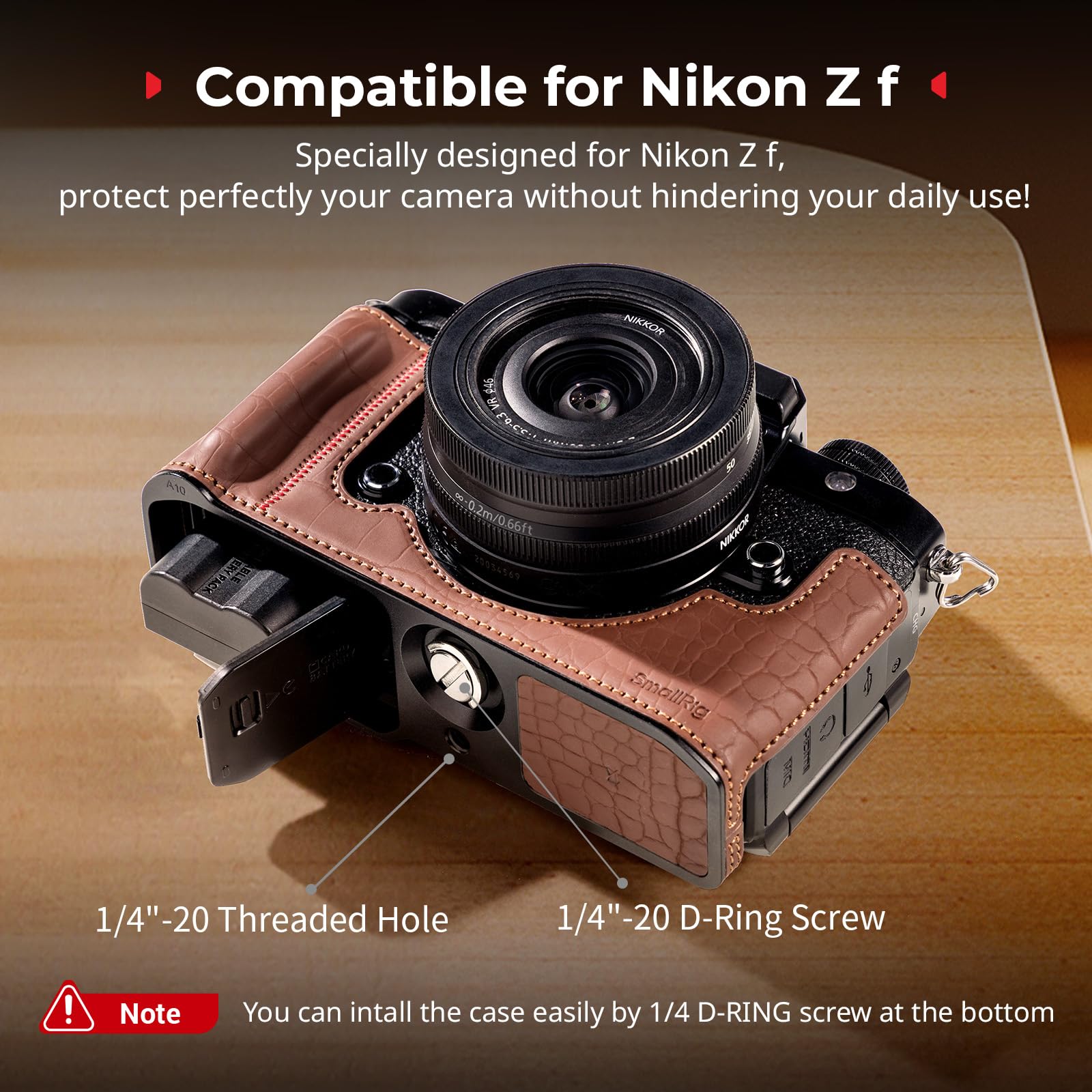 SMALLRIG Zestaw futerałów do Nikon Z f, zestaw futerałów ze skóry PU w stylu vintage, z ulepszonym uchwytem, podszewką z mikrofibry odporną na zarysowania, ramą ze stopu aluminium, brązowy - 5096