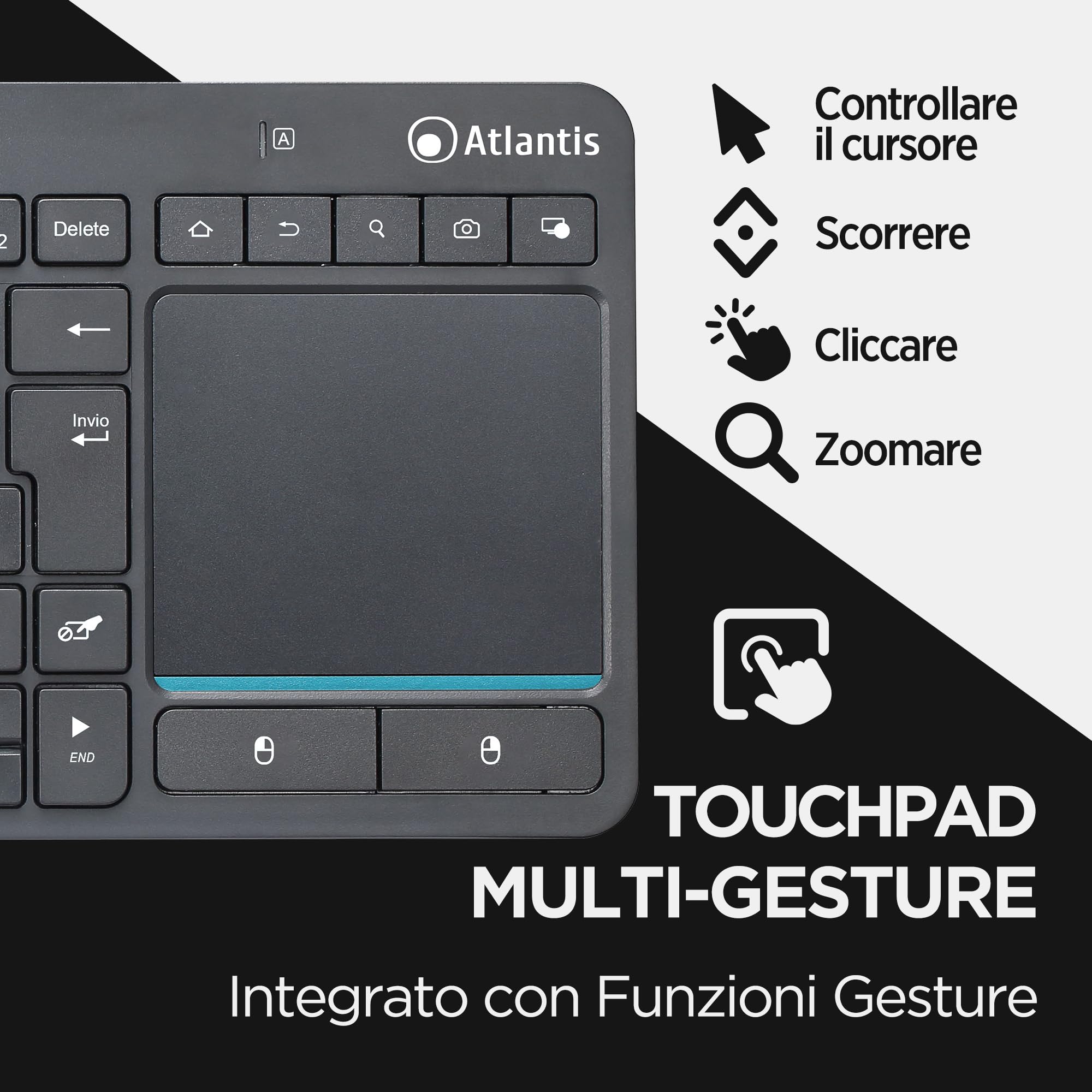 Atlantis Mini Tastiera con TouchPad multitouch integrato - Wireless senza fili RF + Bluetooth, QWERTY, Tasti funzione multimediali, per PC/Notebook/Smart TV/Smartphone/Tablet/iOS/Android - Nero