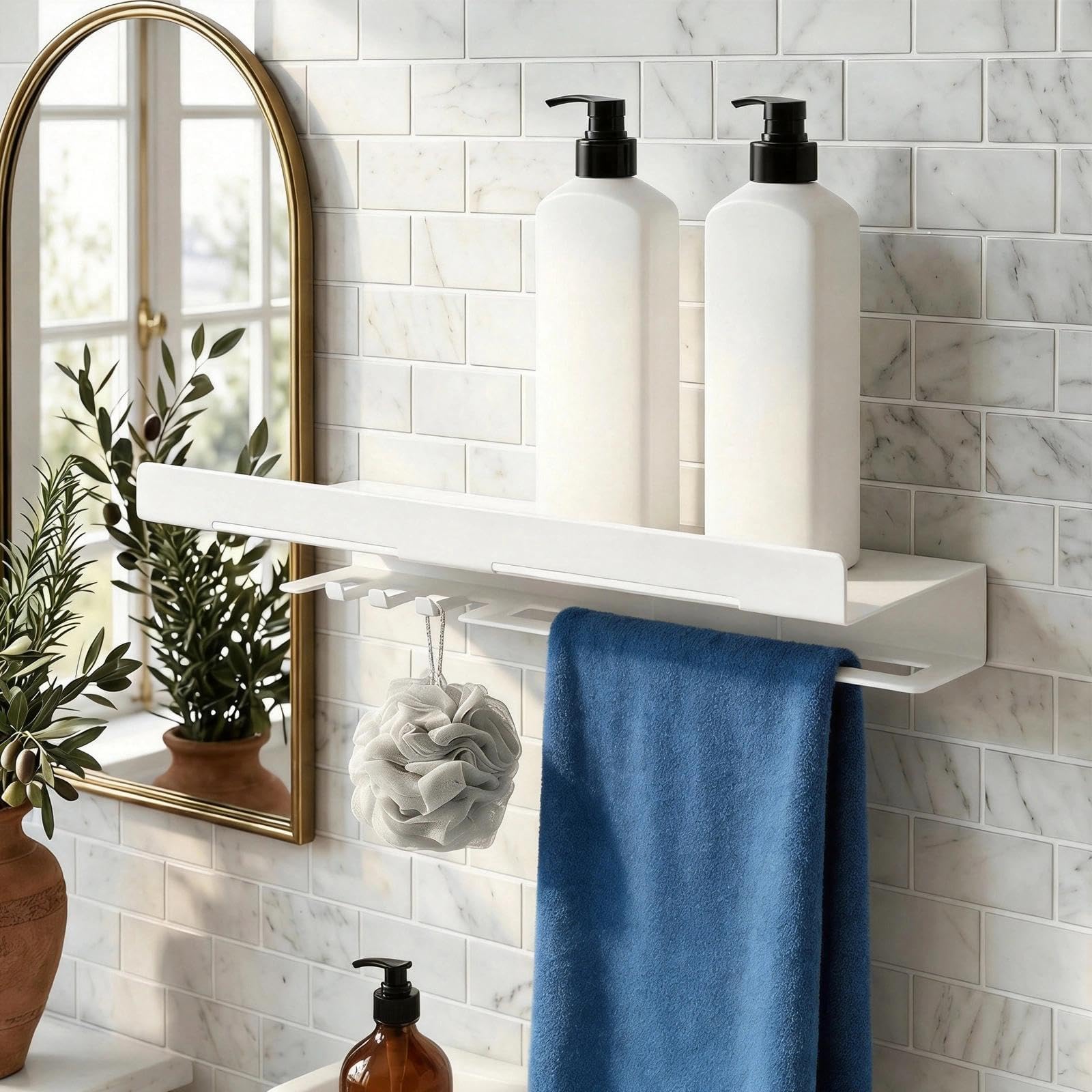 WJUAN White Bathroom Shelf 40cm Shower Caddy Wall Mounted with Hooks