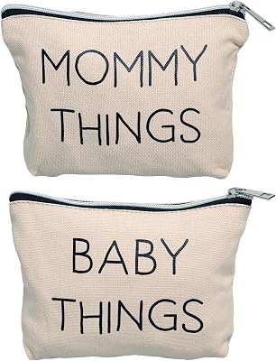 Pearhead Mommy and Baby Things Pouch Set, Canvas Zipper Organizer Bags for Diaper Bag and Travel, Cosmetic and Makeup Bag for Mom