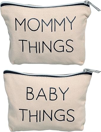 Pearhead Mommy and Baby Things Pouch Set, Canvas Zipper Organizer Bags for Diaper Bag and Travel, Cosmetic and Makeup Bag for Mom
