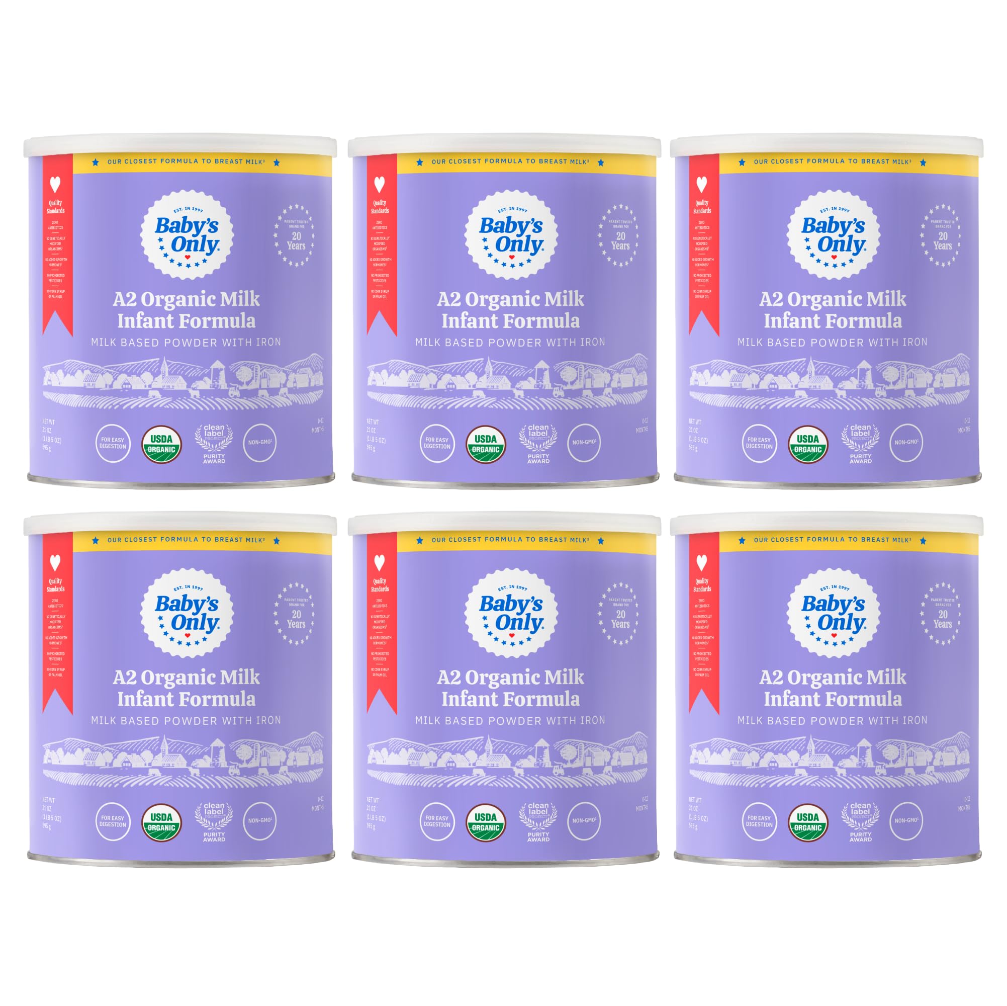 Baby's Only A2 Organic Milk Infant Formula, A2 Milk Based Powder, Organic Baby Formula with A2 Beta-Casein Protein, Iron, Vitamin E, Vitamin D, Easy to Digest, Newborn to 12 Months Old, 21 oz, 6 Pack