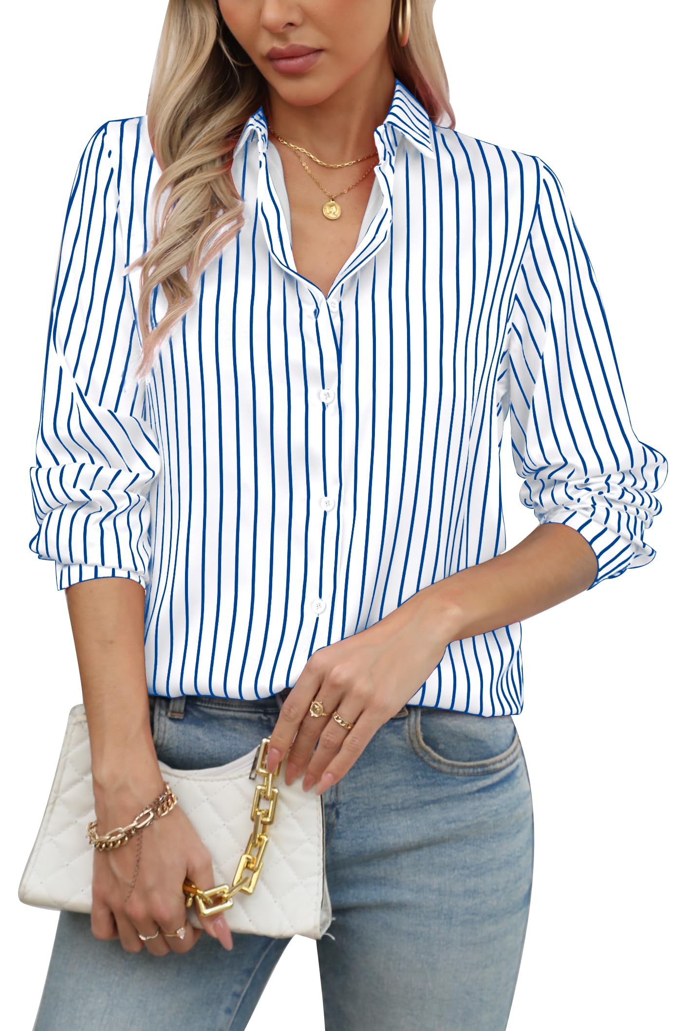 COUXILY Womens Satin Button Down Shirt Business Casual Long Sleeve Silk Blouse Collared Curved Hem Slim Fit Office Work Tops