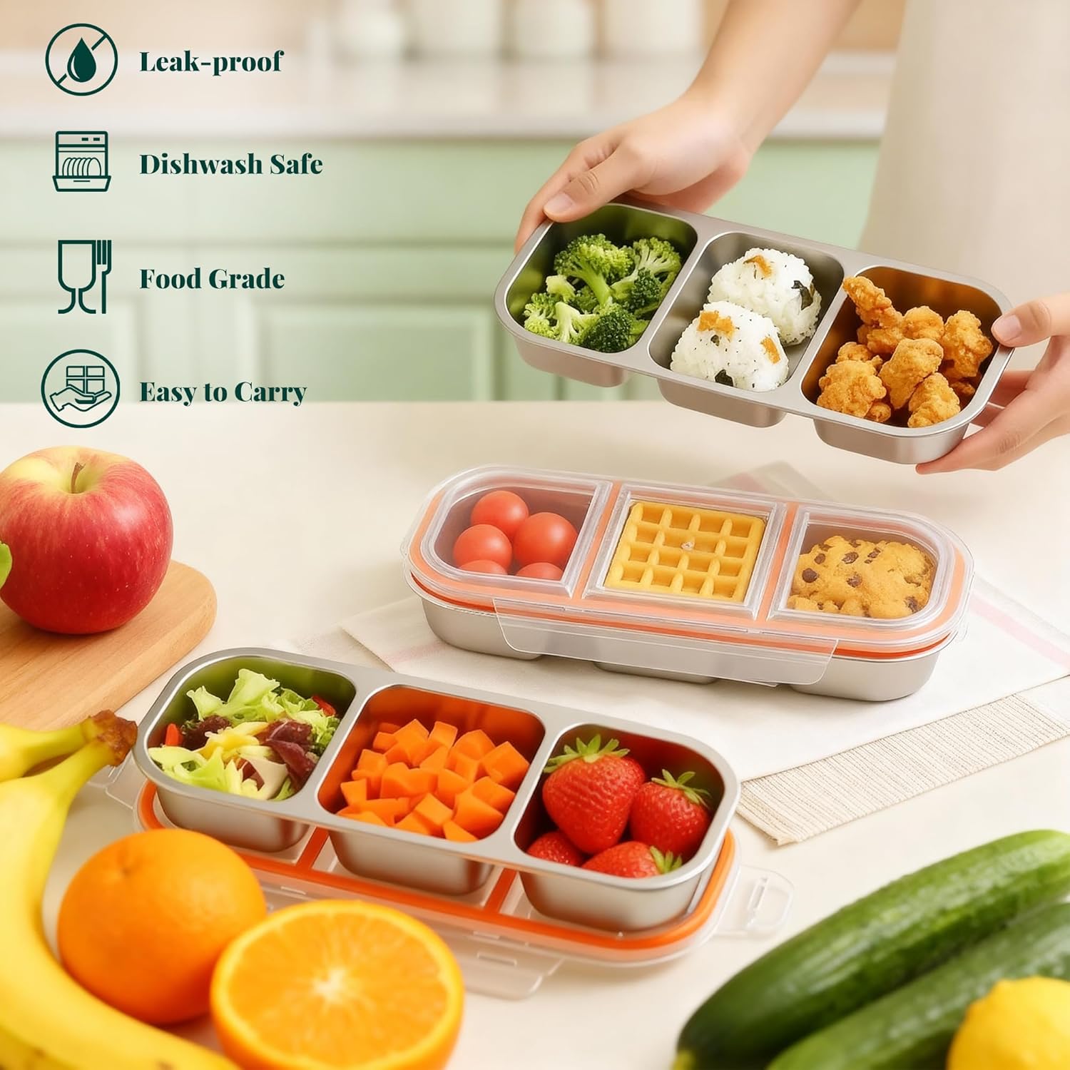 QCQHDU Bento Lunch Box Stainless Steel Snack Containers, Reusable Stainless Steel 3-Compartment Condiment Metal Bento Lunch Box with Lids, Divided Snack Food Storage Lunchable Containers, 1 Pack - Image 2