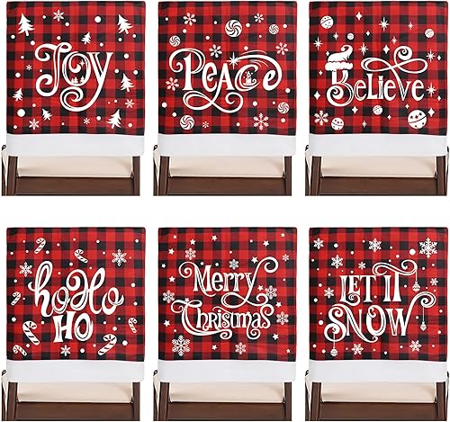 Miniatura 7 de CCINEE 2 fundas para respaldo de silla de Navidad, fundas de silla de búfalo rojo y negro con copo de nieve para silla de Navidad, cubierta trasera