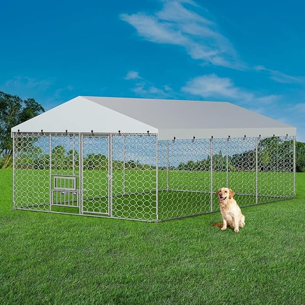 Lyromix Dog Kennel Outdoor with Roof and Openable Feeding Doors, Large Dog House Pen Enclosure Heavy Duty Chain Link Dog