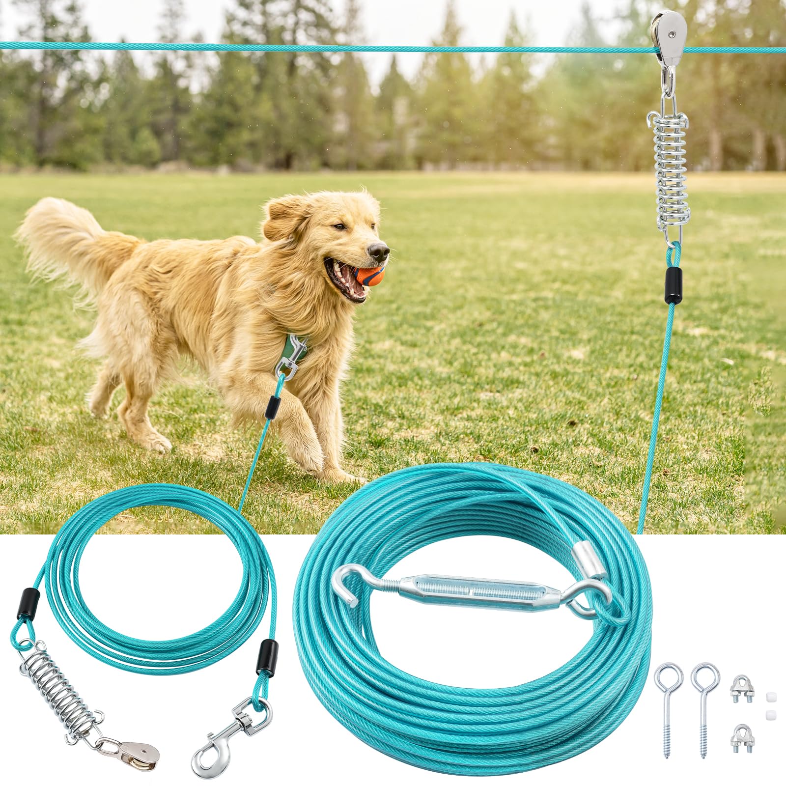 LUFFWELL 100FT Dog Runner for Yard with 10FT Tie Out Cable - Heavy Duty Trolley System for Large Dogs Up to 250LBS, Backyard/Park/Camping Use (Ice