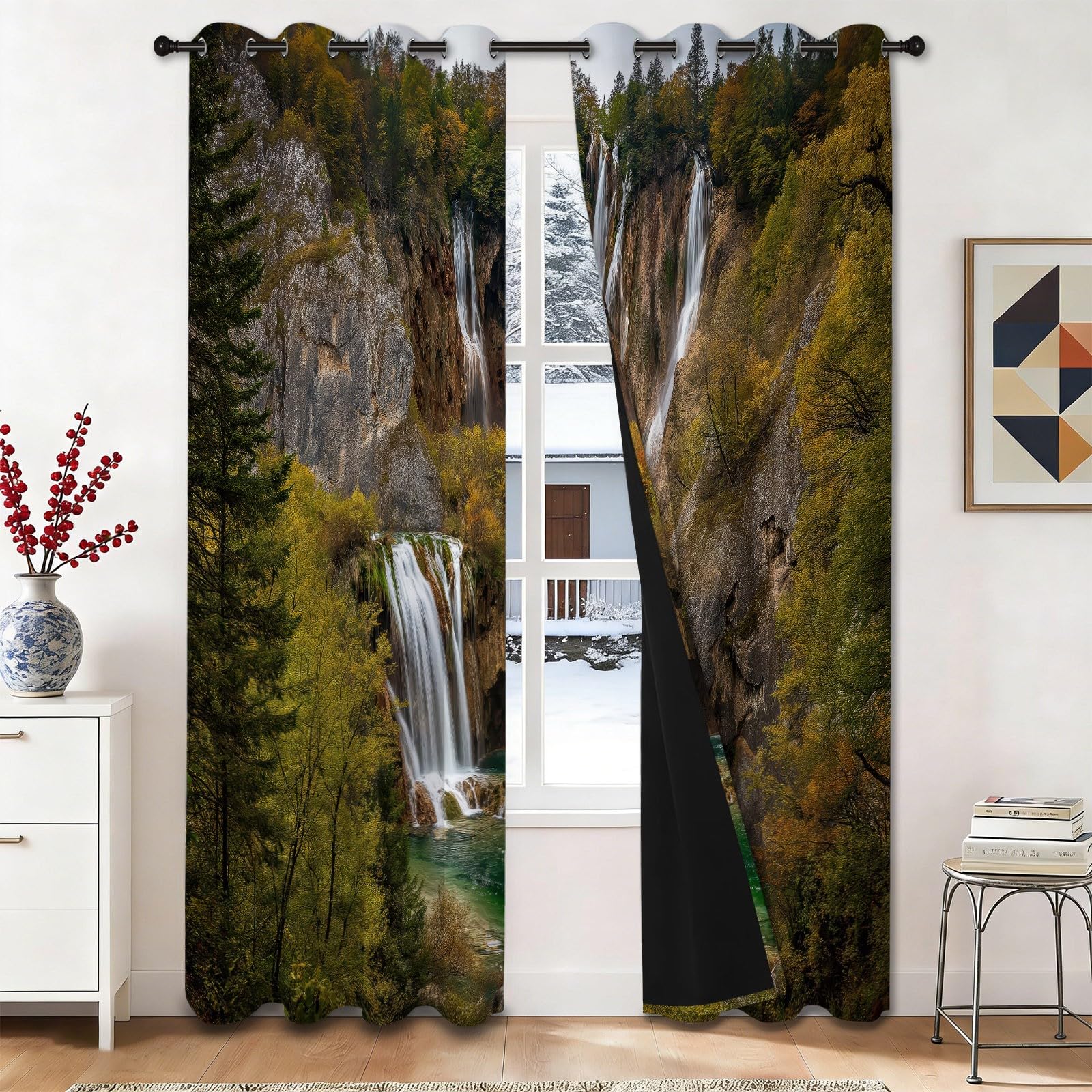 Rideau thermique paysage naturel pour isoler du froid et embellir le salon