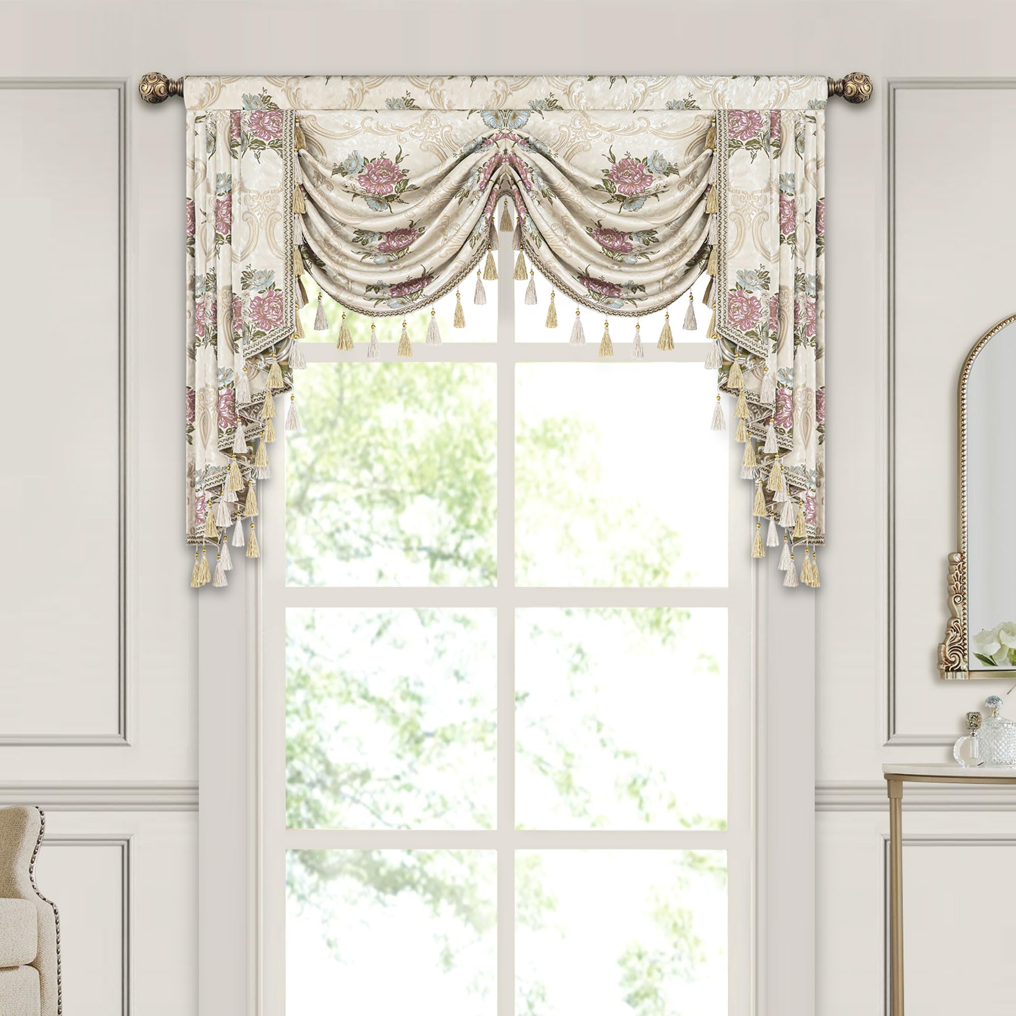 Mantovana a Cascata per Finestre, Mantovana Floreale con Nappe, Tenda Corta Jacquard per Camera da Letto Soggiorno Cucina (Larghezza 150cm, Beige)