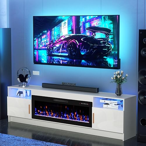 Miniatura 86 de BREEZEHEAT Soporte de TV eléctrico con chimenea de 36 pulgadas de hasta 80 pulgadas, centro de entretenimiento LED con puertas de alto brillo,