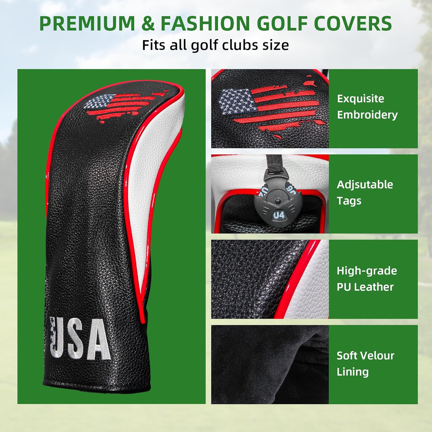 Golf Club Head Covers,4pcs or 1pc USA Golf Head Covers for Woods and Driver Fairway Hybrid - PU Leather Mallet Blade Putter for Men Women Golf Enthusiast