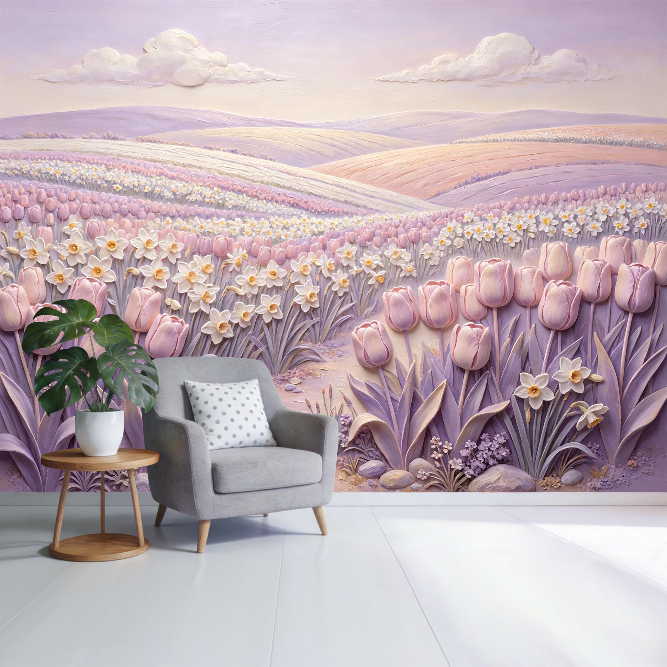 Custom Size Wall Mural Pastel Tulip and Daffodil Field Landscape Watercolor Floral Botanical Spring Meadow SelfAdhesive Wall Fabric Removable Wallpaper for Home Office Decor