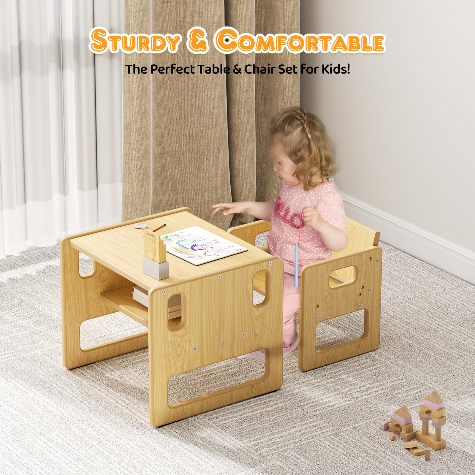 Children's Feeding Table and Chair Set, Montessori Wooden Children's Table, Game Desk with Storage Space, Suitable for Children to Read, Play, Eat
