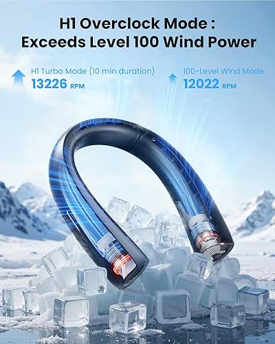 Miniatura 2 de Gaiatop Ventilador de cuello portátil, flujo de aire turbo de refrigeración envolvente de 360, 0 a 100 velocidades, hasta 12.5 horas de duración